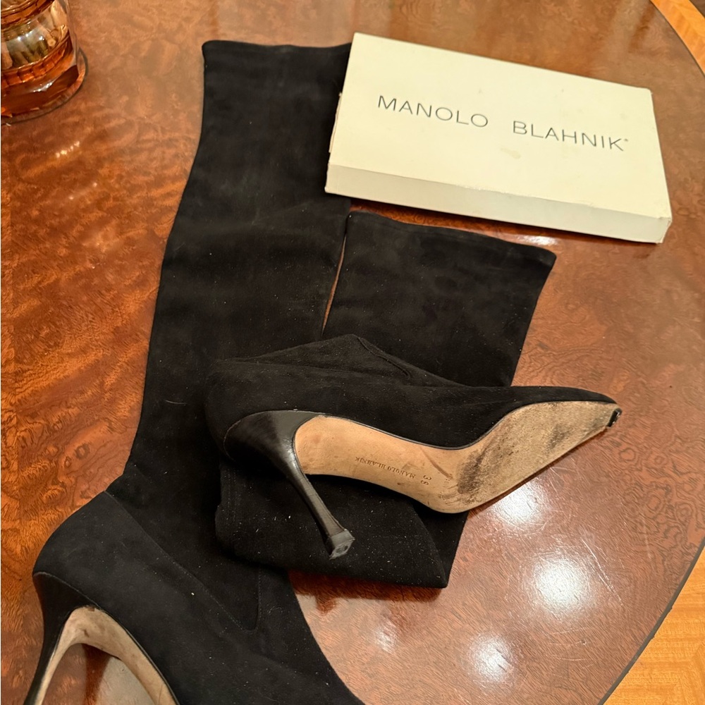 Manolo Blahnik Classic Black Suede Heeled Boots